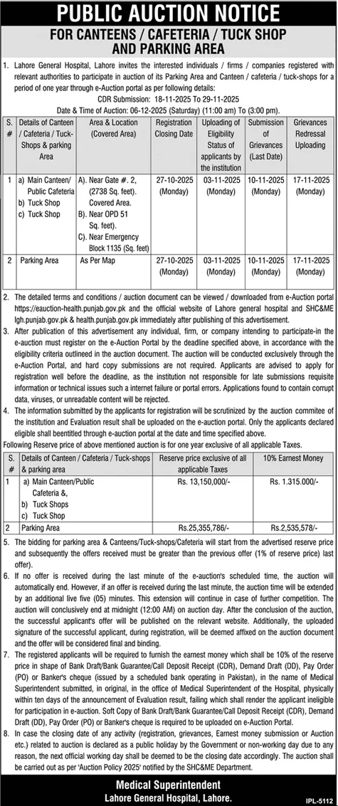 Lahore General Hospital Lahore Tender Notice